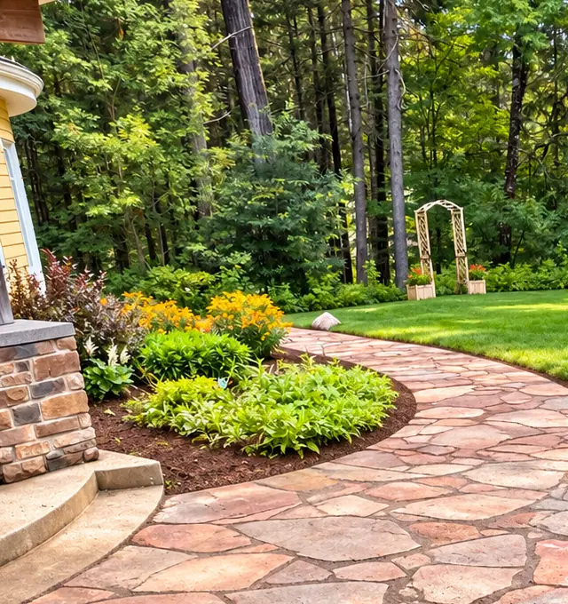 Natural flagstone walk curving past a mulched bed of perennials toward the back lawn and a garden arbour