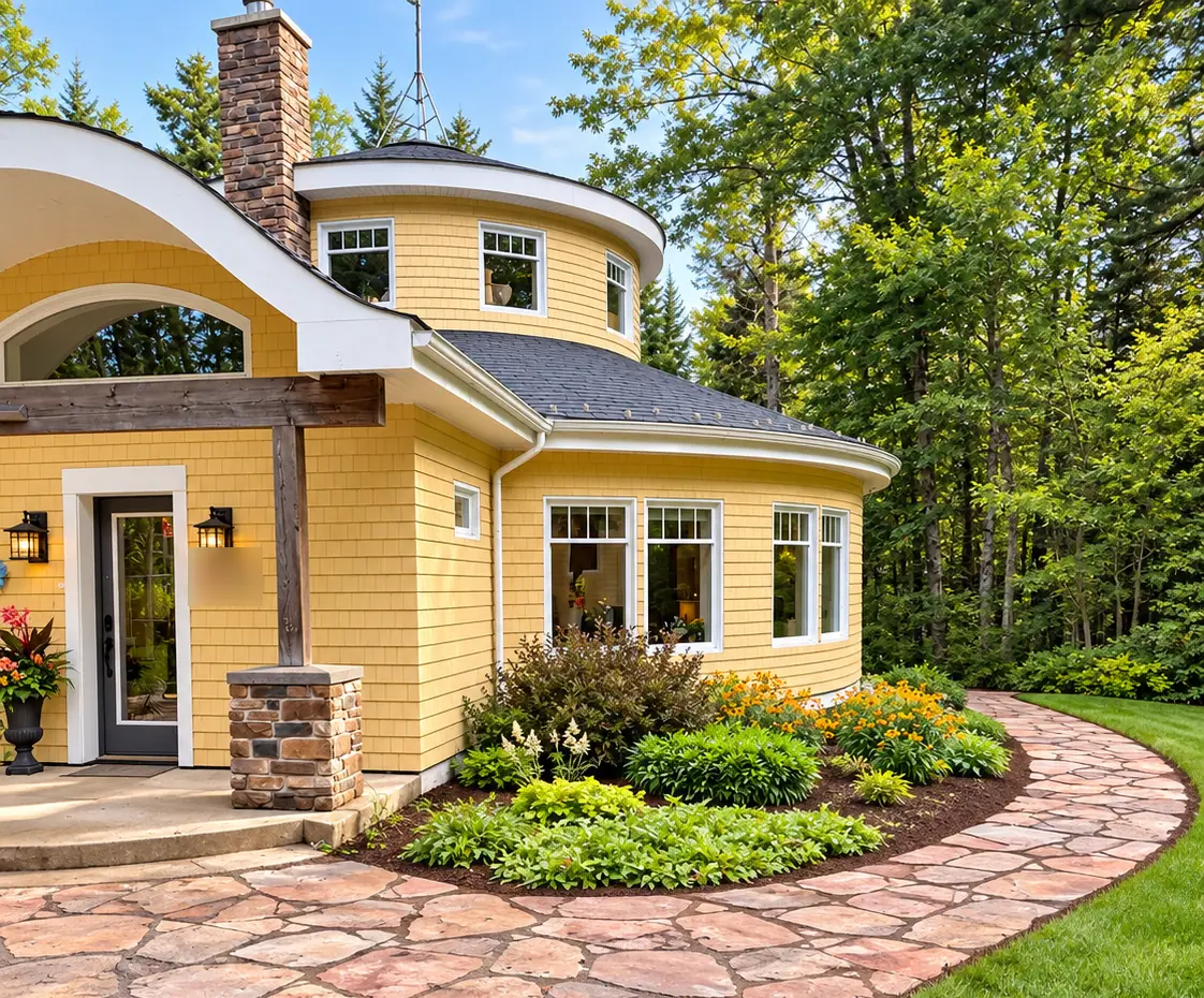 Yellow house with a curved natural flagstone front walk, foundation beds of shrubs and perennials, and a crisp lawn edge