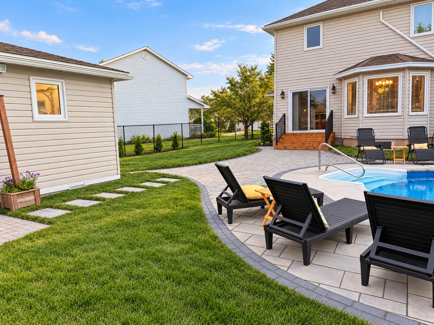 Paver patio around a pool behind a two-storey house, with lounge chairs, a curved lawn edge and stepping pads set in new sod